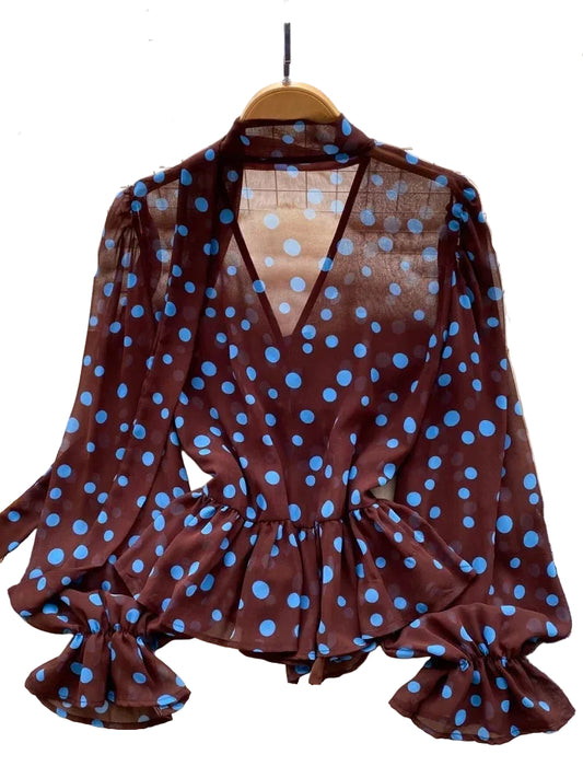 Luxury Polka Dot Blouse V Neck Flare Sleeves Casual Top Loose Chiffon Shirts