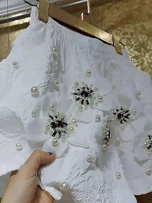 Luxury Style Pearls Beaded 3D Flower Wide Leg Shorts Women's Short Pants Elastic Waist
