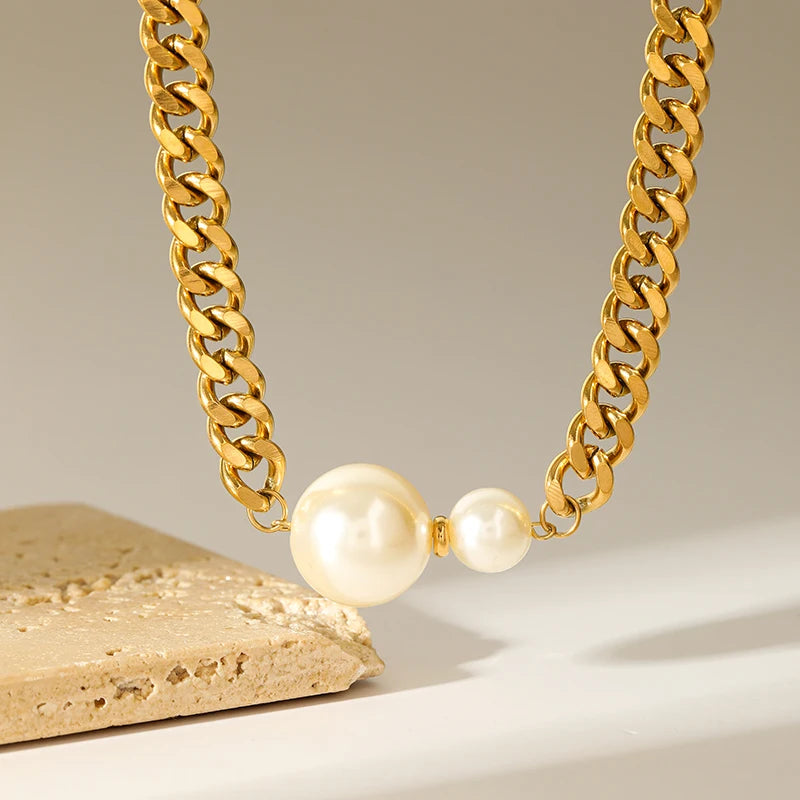 Stainless Steel Exaggerated Large Pearls Necklace Earrings Set For Women