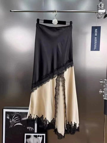 Sexy Asymmetrical Long Skirts Lace Hem Satin Skirt for Women