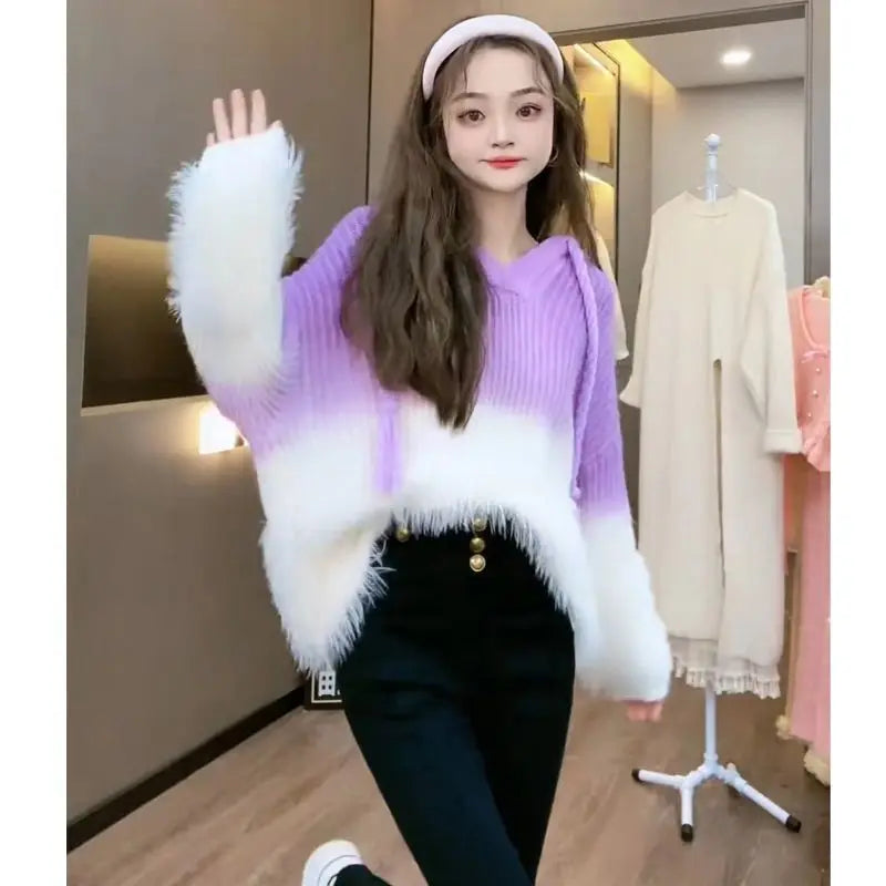 Tassel Pullover Long-Sleeved Sweater Hooded Loose Knitwear