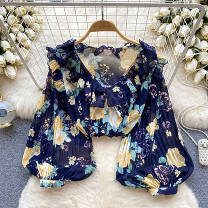 Floral Print Loose Shirt Women Lantern Sleeve V Neck Thin Causal Ruffle Blouse