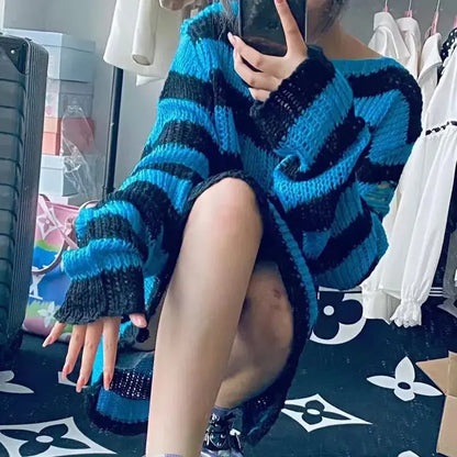 Punk Gothic Long Sweater Women Striped Broken Jumper