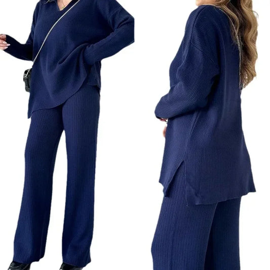 Women Knitted Two Piece Pant Sets Sweater V Neck Sweater Loose Pullover Matching Sets
