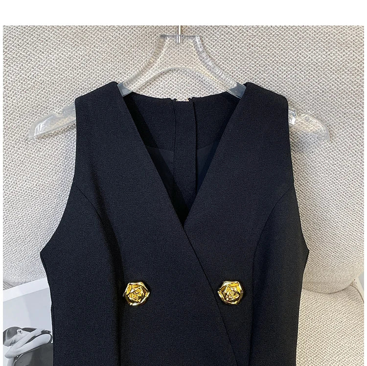 French Elegant Sleeveless A-Line Tunic Blouse Black Classic Gold Button