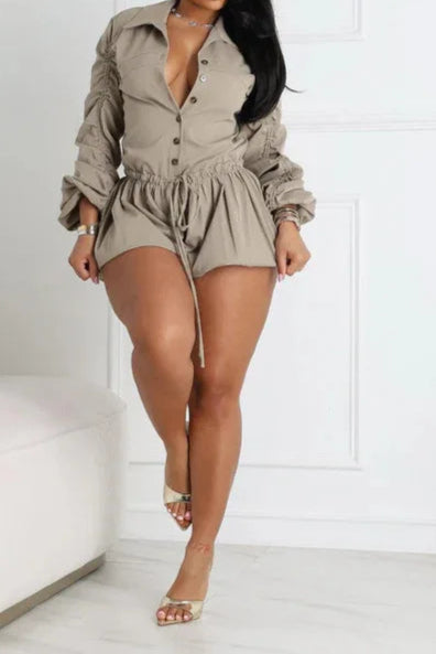 Elegant Ruched Drawstring Patchwork Rompers Woman Solid Color Lantern Sleeve Jumpsuits