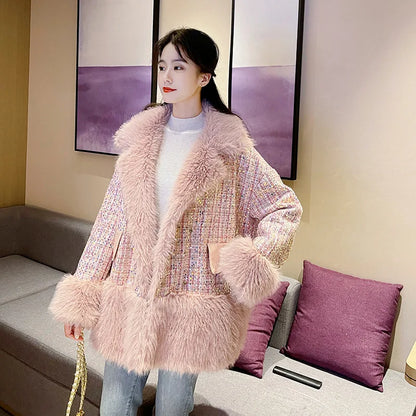 Glitter Coarse Wool Blended Fur Coat Long Sleeve Loose Coat