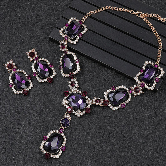 Women Royal Wedding Statement Chunky Crystal Drop Earrings and Amethyst Choker Necklace