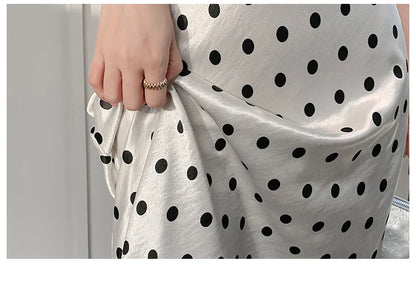 Polka Dot Satin Skirt Women's High Waist Versatile Elegant Dot Long Skirt