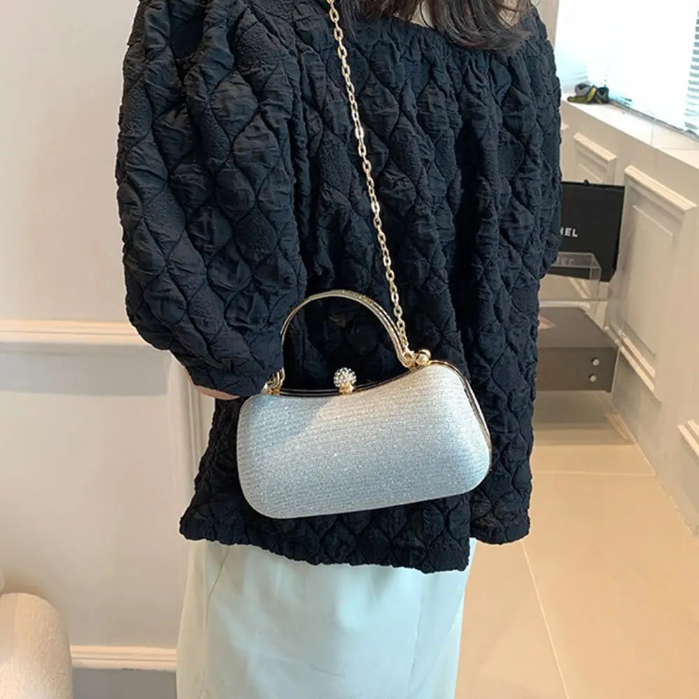 Gold Bright Silk Circular Evening Bag Women Banquet Clutch Rhinestone Chain Shoulder Bags