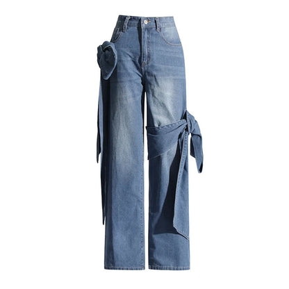 Jeans Women Bow Denim Wide Leg Floor Length Pant Y2k Mom Jeans