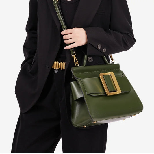 Handheld Crossbody Bag Retro Metal Square Buckle Solid Color Textured Shoulder Bag
