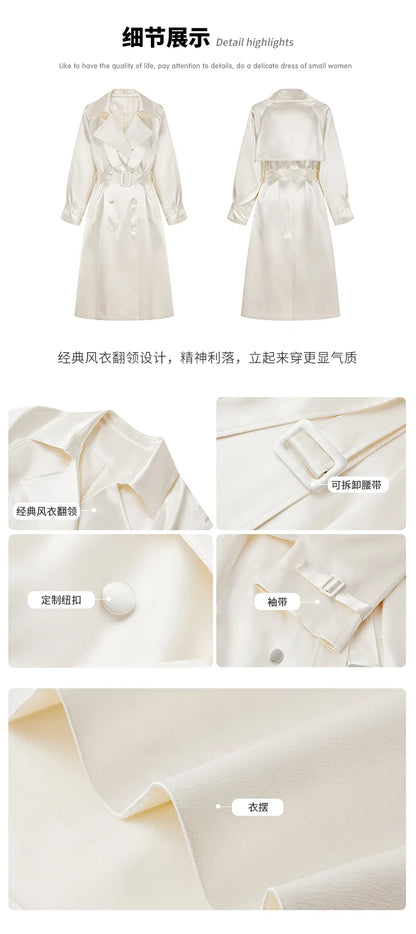 Long Flowy Shiny White Trench Coat for Women Double Breasted Design