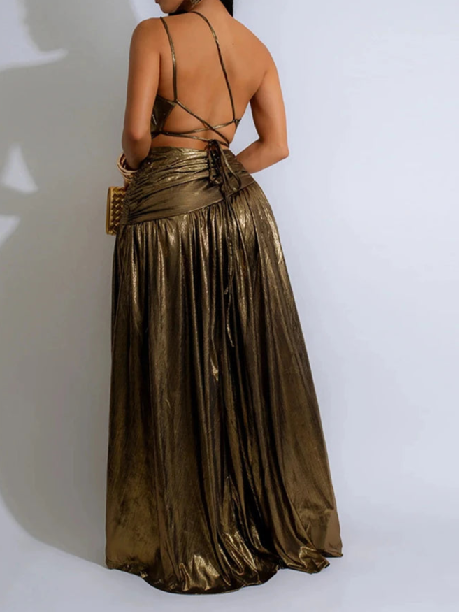 Cocktail Split Dress Women Sexy Metallic Golden Sleeveless Backless Evening Dress
