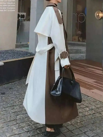 Color Block Trench Coat Double Breasted Patchwork Windbreaker Trench Coat