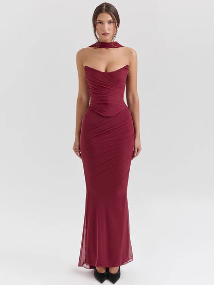 Wine Red Sexy Two Piece Sets Women Neckerchief Strapless Crop Tops And Maxi Skirt Sets