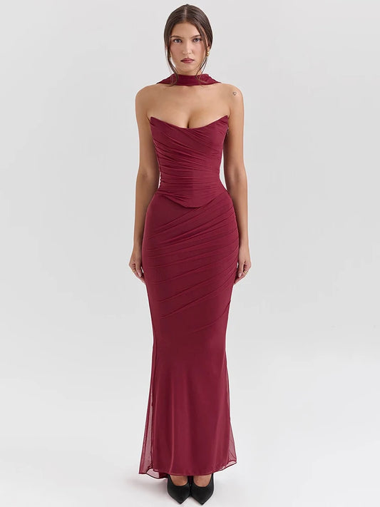 Wine Red Sexy Two Piece Sets Women Neckerchief Strapless Crop Tops And Maxi Skirt Sets
