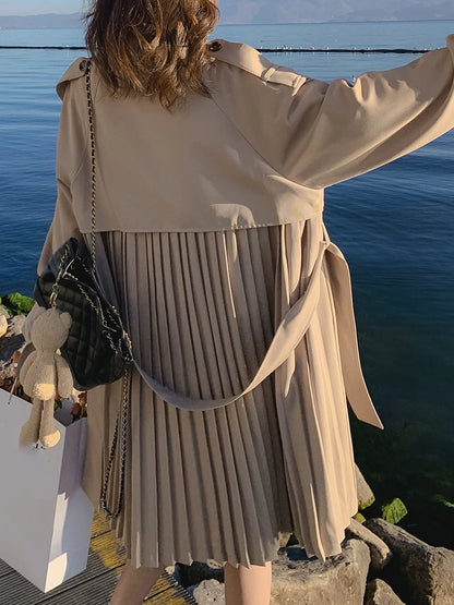 Women Khaki Pleated Elegant Trench New Lapel Long Sleeve Windbreaker Trench Coat