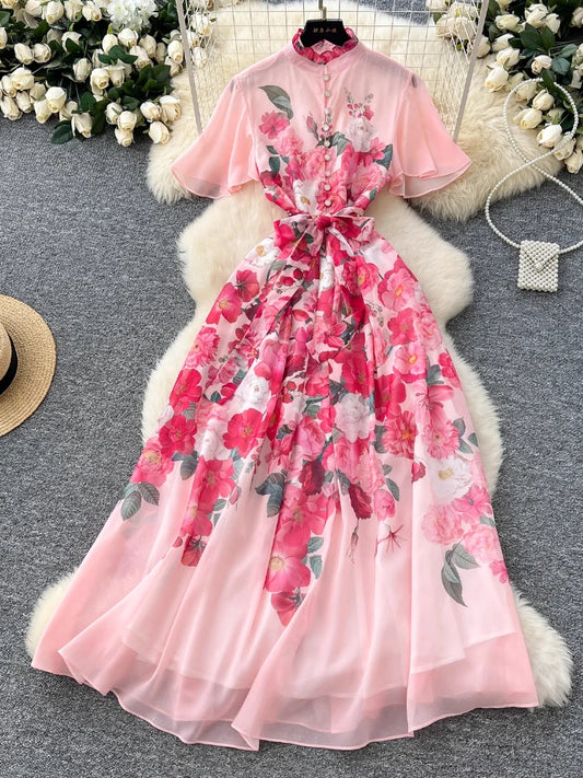 Vintage Palace Summer Dress Women Print Sashes Button Long Party Dress Female Casual Chic Festival Clothing New