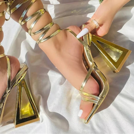 Chic Triangle Thick Heels Sandals Gladiator Women Summer Sexy Street Square Toe Cross-Tied Dress Party Shoes