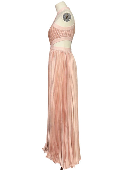 Sexy Halter Neck Cutout Pleated A-line Long Dress Pink Sleeveless Backless Party Dress