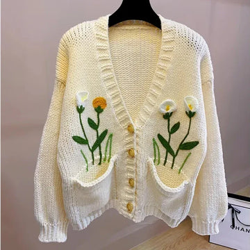 Women Handknit Floral Vintage Apricot Cardigan Women Sweater Clothes Knitwear
