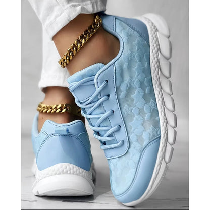 Women Star Pattern Lace-up Breathable Sneakers Daily Casual Round Toe White Sports Shoes Running Shoes