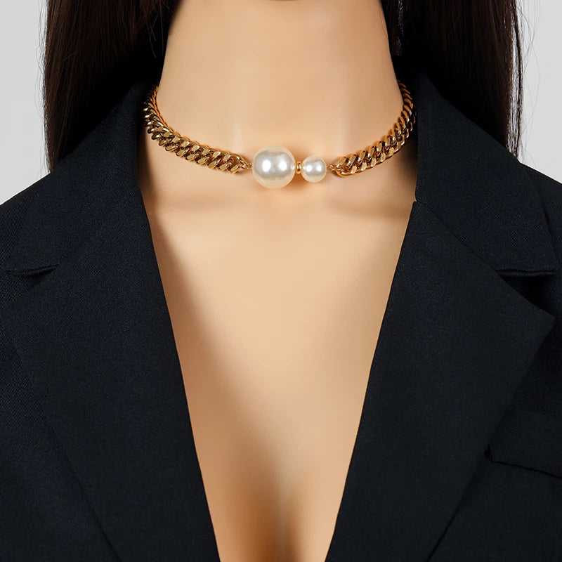 Stainless Steel Exaggerated Large Pearls Necklace Earrings Set For Women