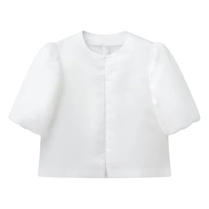 Solid Satin Women's Blouse Top With Pouf Balloon Sleeve O Neck Loose Blouses