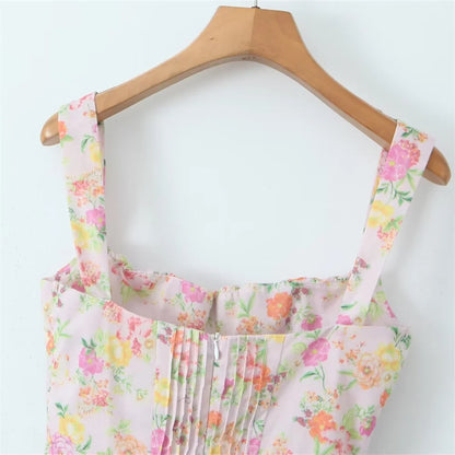 Women's Fashionable Floral Print Pleated Patchwork Slim Fitting Suspender Dress