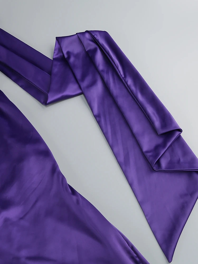 Bridesmaids Neck 3D Flower Backless Long Dress Women Purple Sleeveless Ribbon Draped Maxi Dress