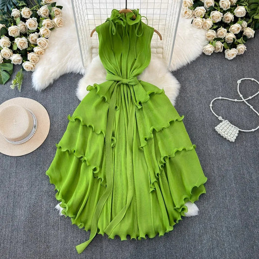 Elegant Pleated Dress Women's Stand Collar Lace Up Sleeveless Elastic Oversized Ruffles Boho Robe Loose Dress