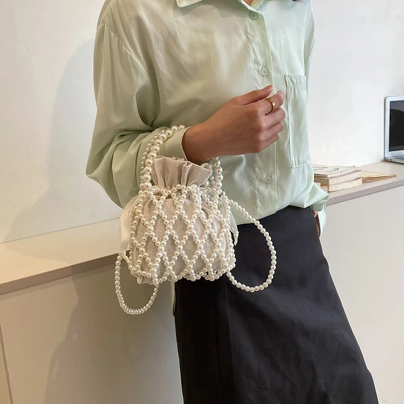 Luxury Pearl Women Bucket Tote Bag Woven Pearl Crossbody Bags for Women Small Wallet