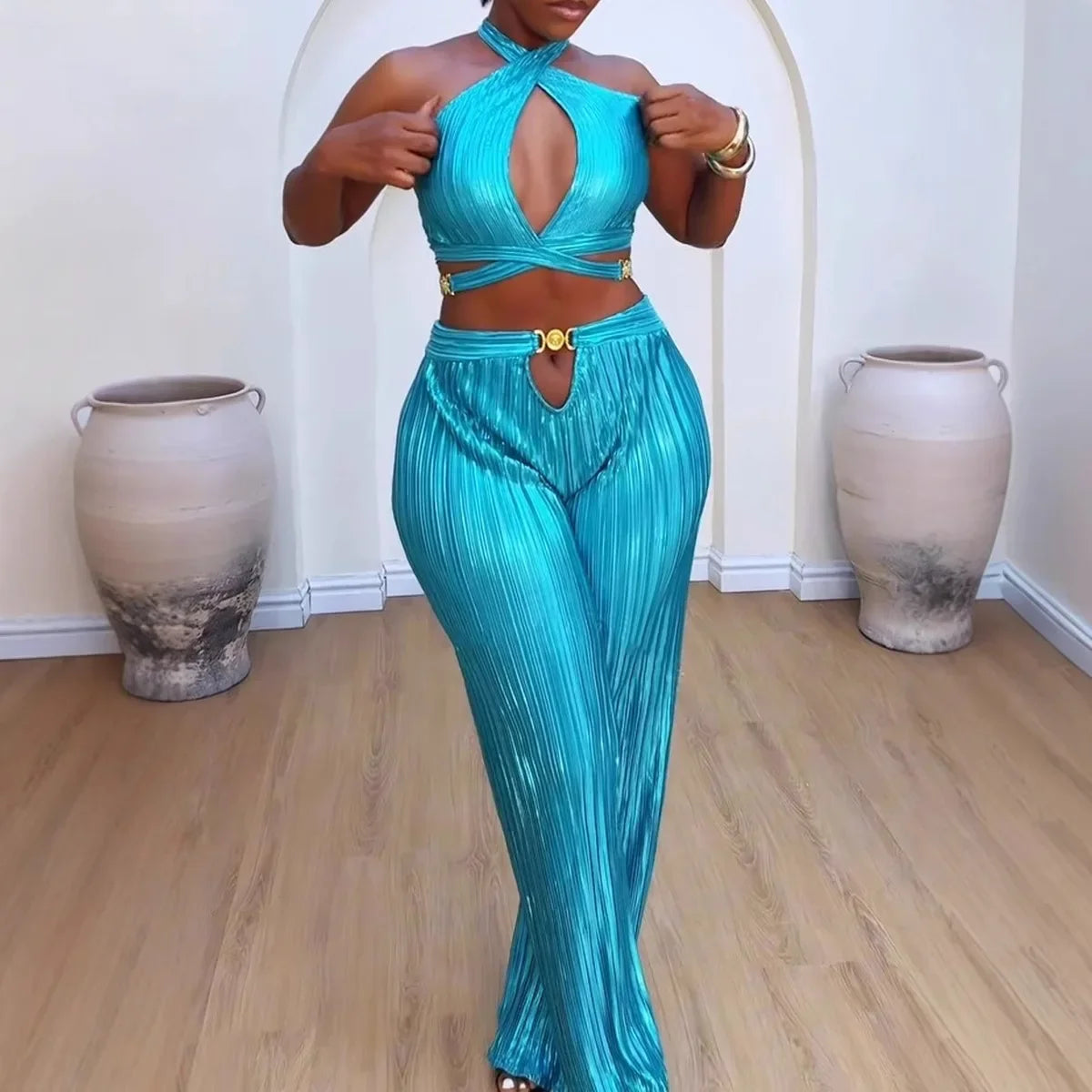 Hollow Bandage Wide Leg Pants Two Piece Sets Women Halter Sleeveless Backless Crop Top And Pants Outfit