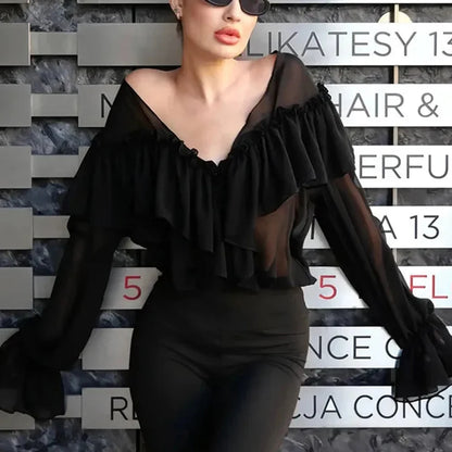 White Chiffon Shirt Women's V-Neck Sexy See Through Shirt Beach Ruffle Blouse