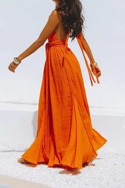 Backless Sexy V Neck Bohemian Long Dress Summer Maxi Sundress Vacation Outfit