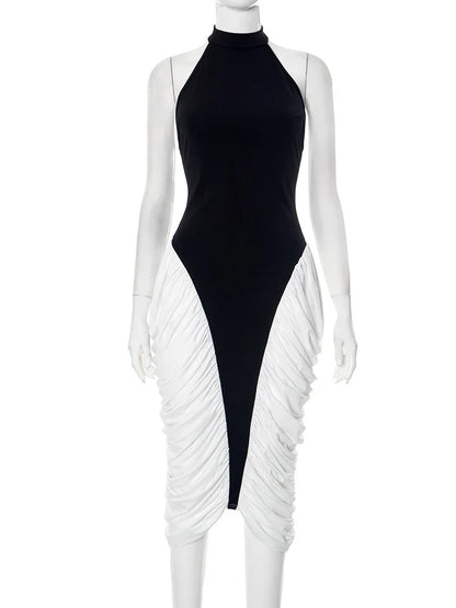 Patchwork Halter Backless Sexy Midi Dress Women Gown Elegant Fashion Contrast Color Sleeveless Pleated Long Dress