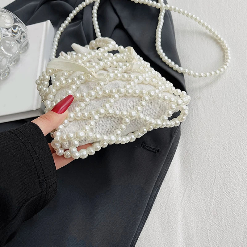 Luxury Pearl Women Bucket Tote Bag Woven Pearl Crossbody Bags for Women Small Wallet