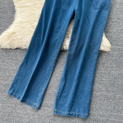 Women Denim pant sets Design Matching Color Short-sleeved T-shirt Tops + High-waisted Casual Pants