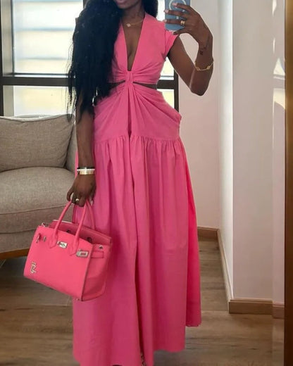 Women Short Sleeve Tie Up Open Waist Deep V-neck Maxi Long Dress