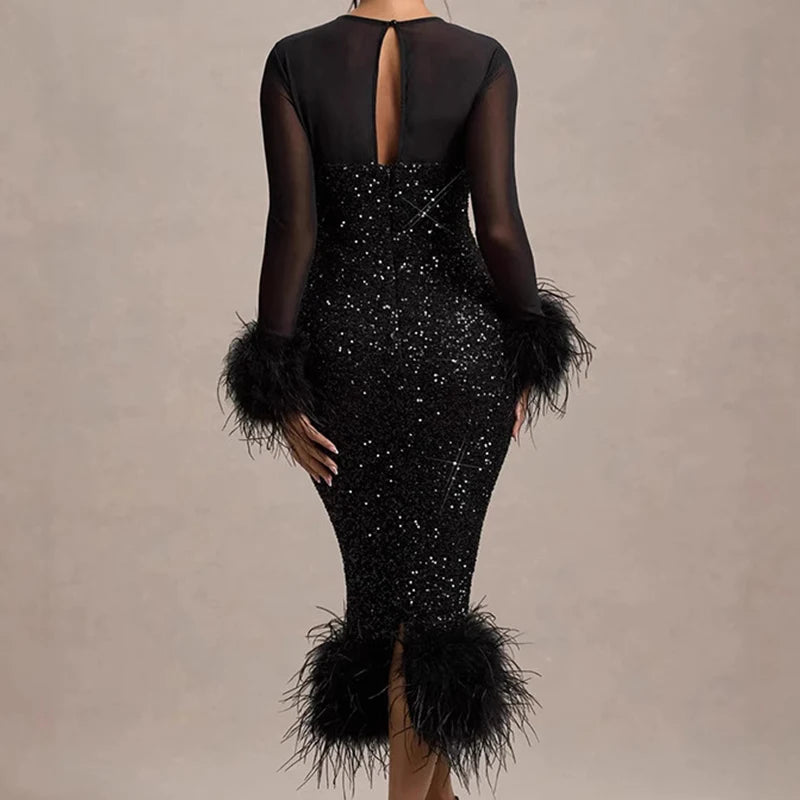 Casual O Neck Mesh Long Sleeve Party Midi Dress Feather Patchwork Slim A-line Sequin Cocktail Dress