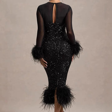 Casual O Neck Mesh Long Sleeve Party Midi Dress Feather Patchwork Slim A-line Sequin Cocktail Dress