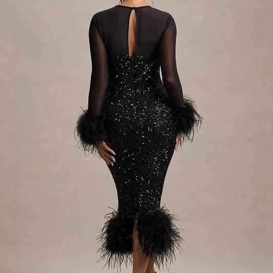 Casual O Neck Mesh Long Sleeve Party Midi Dress Feather Patchwork Slim A-line Sequin Cocktail Dress