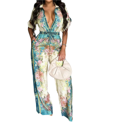 Women Floral Printed Vintage Style Wide Leg Jumpsuits Playsuit One Piece Suit Romper