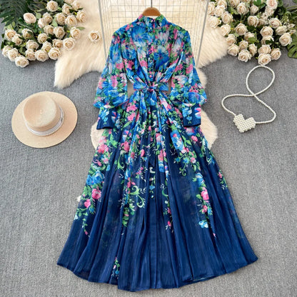 French Style Midi Dress Femme Robe Stand Collar Lantern Sleeve Slim Fit High Waist Dress