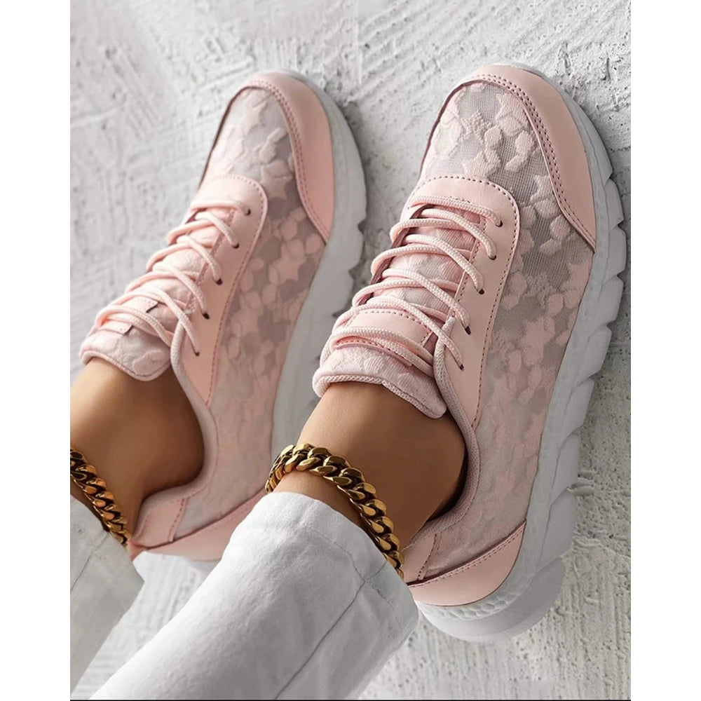Women Star Pattern Lace-up Breathable Sneakers Daily Casual Round Toe White Sports Shoes Running Shoes
