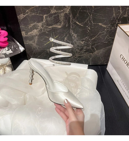 Women's Sexy Snake-Strap Rhinestone Suede Pointed High-heeled Wedding Shoes
