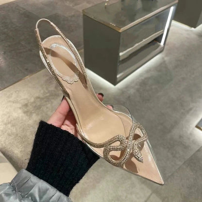 Clear Rhinestone High Heels Women's Thin Heels Pointed Sandals Transparent Buckle Shoes
