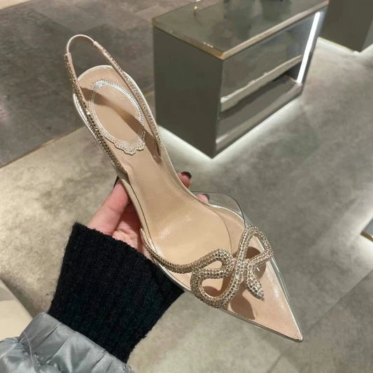 Clear Rhinestone High Heels Women's Thin Heels Pointed Sandals Transparent Buckle Shoes
