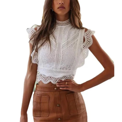 Women's Tank Blouses Hollow Black White Geometric Pattern Women Lace Chiffon Top